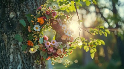 Adorning a midsummer tree in Sweden with a beautiful floral wreath