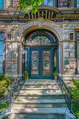 An elegant Victorian mansion featuring ornate stained glass windows depicting floral motifs and intricate geometric patterns, Generative AI