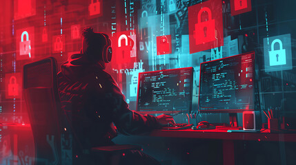 Red digital background with hooded hacker in front of computer screen displaying a red padlock icon and data flow, cyber attack concept