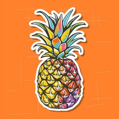 A pineapple illustration in a tropical art style with bright colors, sticker with white outline on an orange solid background, no shadows or gradients.