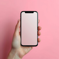 Close up minimalist photo advertisement for hand holding a mobile phone, solid pastel background