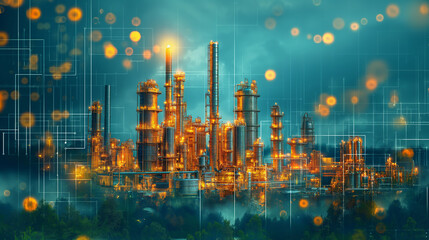 Obraz premium The photo shows an industrial zone with an oil refinery at night. There are many lights and a lot of smoke in the air.