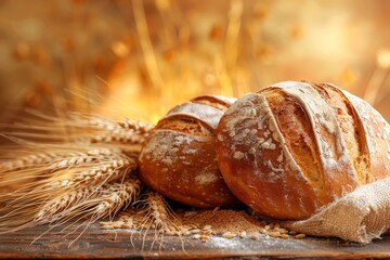 rustic loaves of bread and wheat ears on a wooden table