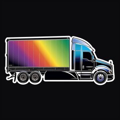 A refrigerated truck illustration designed as a sticker with lifelike colors and a white outline on a solid black background.