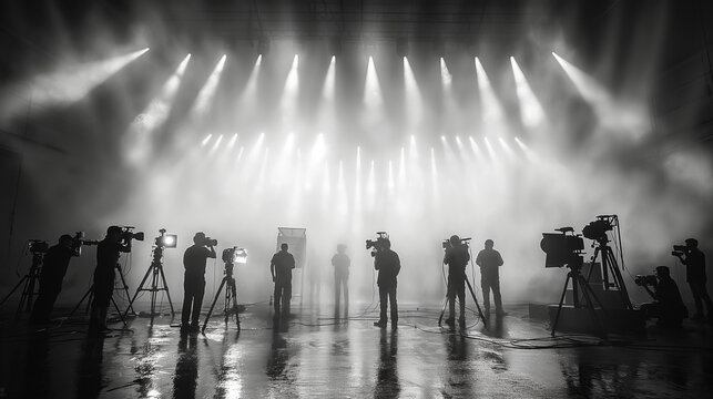 The photo shows a group of photographers and cameramen working on a film set