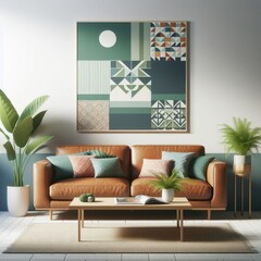A living room with a template mockup poster empty white and with a brown couch and a coffee table photo harmony lively.