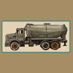 A septic tank truck illustration in sticker style with normal colors, framed by a cyan outline on a solid brown background.