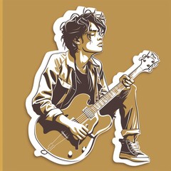 A teenage male musician illustration style sticker with white outline on a solid gold background without any shadow or gradient.