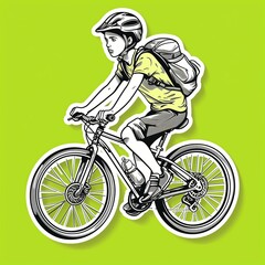 A teenager cyclist illustration style sticker with white outline on a solid lime background without any shadow or gradient.