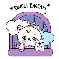 cute cat and bunny rabbit on window animal sleep bedtime story kawaii animal