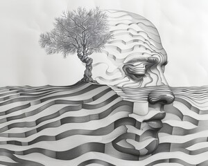 The drawing shows a man's head in profile with an olive tree growing out of it. The background is filled with a maze.