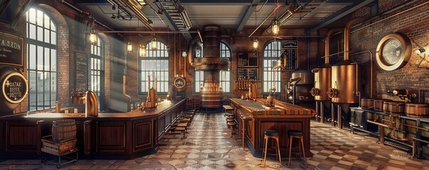 The interior of a modern craft distillery with shining copper stills, pipes, and distillation equipment reflecting sunlight.