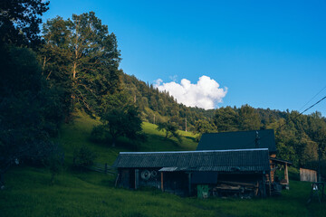 Wooden hotel in Carpathian mountains. Location: Zakarpattya region, Ukraine