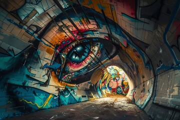 Capture a worms-eye view of a towering graffiti masterpiece, utilizing dramatic lighting to...