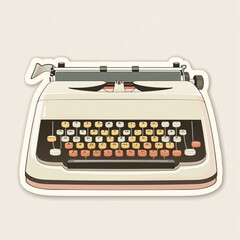 A writer's typewriter illustration style with normal colors sticker, white outline on a solid cream background, no shadow or gradient.