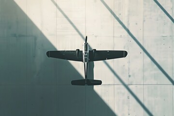 Capture the essence of flight through a minimalist approach, showcasing iconic aviation milestones Utilize stark contrasts, sharp angles, and bold shadows to create a striking visual