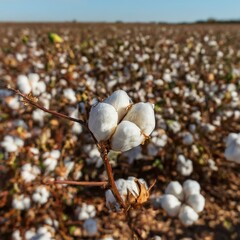 Cotton farm during harvest season. Field of cotton plants with white bolls.
