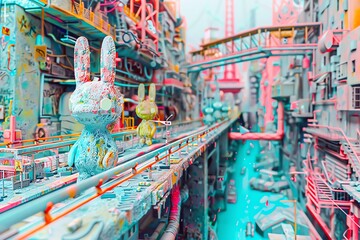 Digital art manipulation of a 3D model of a cityscape featuring interactive street art, using augmented reality to bring vibrant and whimsical characters to life in a futuristic urban setting