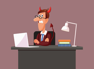 Evil Boss Standing at His Desk Vector Cartoon illustration. Strict CEO acting mean and aggressive at the workplace 
