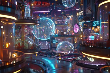 Fototapeta na wymiar A photorealistic CG 3D rendition of a futuristic Cryptocurrency Carnival, focusing on intricate details of holographic coin performers in a dynamic