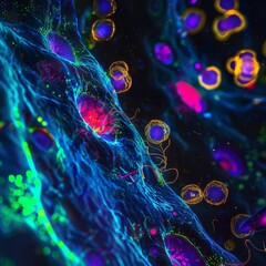 A vibrant microscopic view of cellular structures, highlighting intricate details and dynamic interactions in a variety of neon colors.