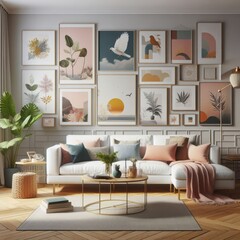 A living room with a template mockup poster empty white and with a couch and art on the wall image harmony has illustrative meaning used for printing.