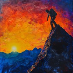 A silhouette of a mountain climber reaching the summit at sunrise, with a vibrant sky in shades of orange and red, symbolizing achievement and adventure.