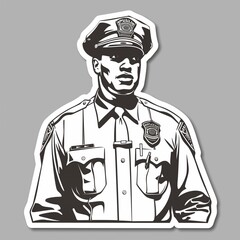 An adult police officer illustration style sticker with white outline on a solid silver background without any shadow or gradient.