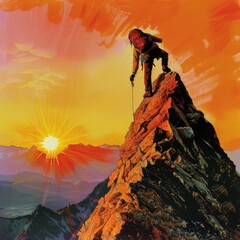 A mountain climber scaling a peak at sunrise, with an intense orange and red sky in the background, capturing the spirit of adventure and determination.