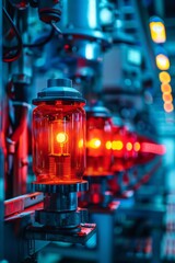 A close-up of industrial warning lights glowing red, highlighting safety measures and the importance of caution in an industrial setting.