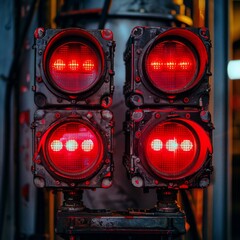 A row of red warning lights on industrial machinery, emphasizing the importance of safety and alert systems in industrial environments.