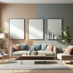 A living room with a template mockup poster empty white and with a couch and chairs image art used for printing.