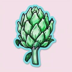 an artichoke illustration style with normal colors sticker with teal outline on a solid light pink background without any shadow or gradient.