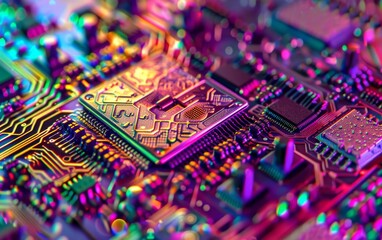 A macro photograph of a colorful circuit board, highlighting the intricate design and vibrant colors of electronic components used in modern technology.