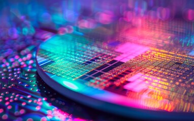 A close-up view of a semiconductor wafer, showcasing the intricate and colorful microcircuitry that is essential for modern electronics.