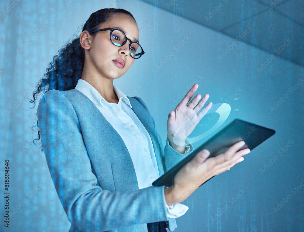Poster Woman, tablet and hologram with overlay for futuristic career, machine learning or engineer with data. Female person, software and technology abstract with 3d for ai or programmer, web for automation