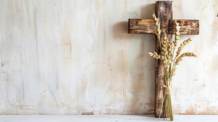 Capture the essence of faith and Christian holidays with a wooden crucifix adorned with a bouquet of wheat and rye set against a light background providing ample copy space Perfect for Easte