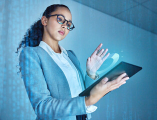 Woman, tablet and hologram with overlay for futuristic career, machine learning or engineer with data. Female person, software and technology abstract with 3d for ai or programmer, web for automation