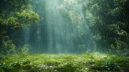 Fototapeta premium The rays of the sun break through the branches of the trees. The rain falls in the forest.