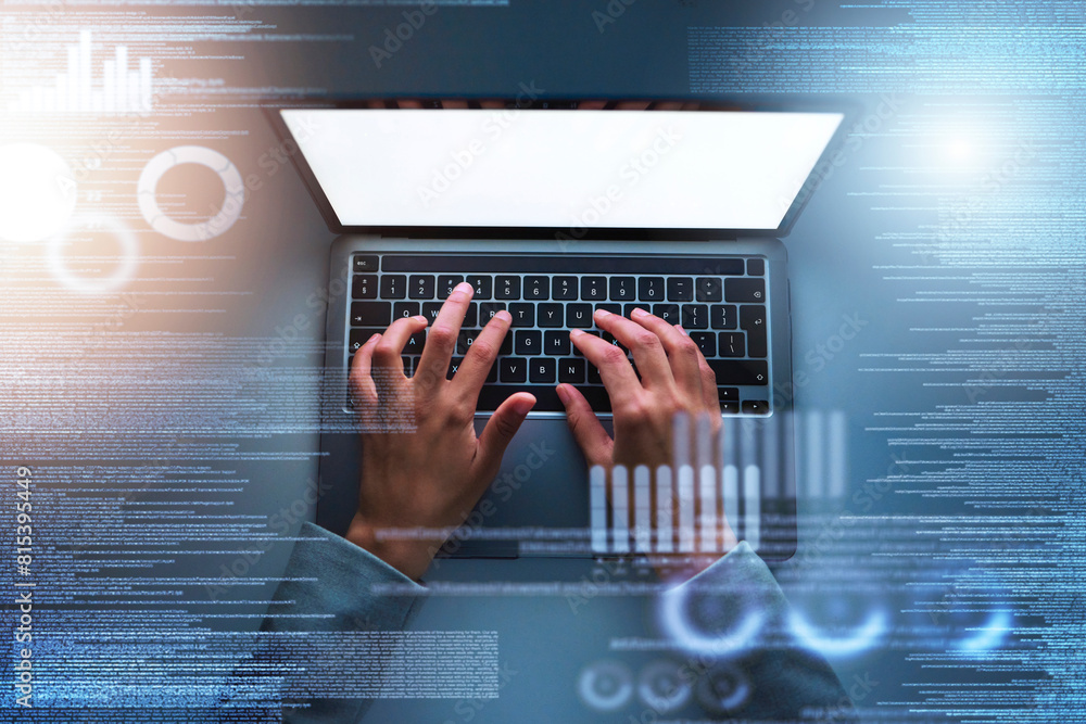 Poster Top view, hands and coding with laptop for online, research and web development in at night. Digital software, technology and overlay with person in office for cybersecurity company or business