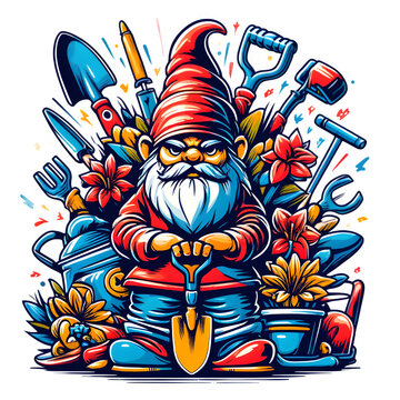 Bunter, grimmiger Gartenzwerg mit Blumen & Werkzeug