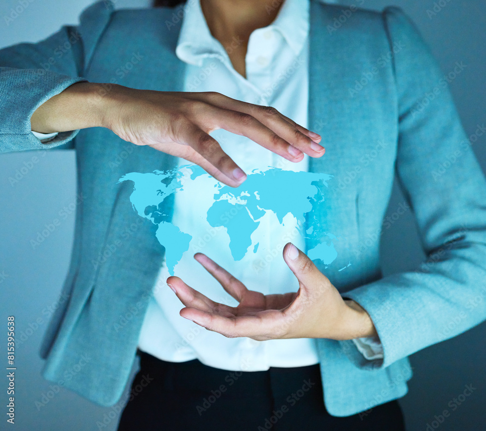 Aufkleber hands, hologram and person with earth, globe or map for connectivity, network or futuristic ux. woma