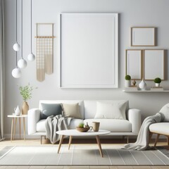 A living room with a template mockup poster empty white and with a white couch and a coffee table art attractive harmony card design.