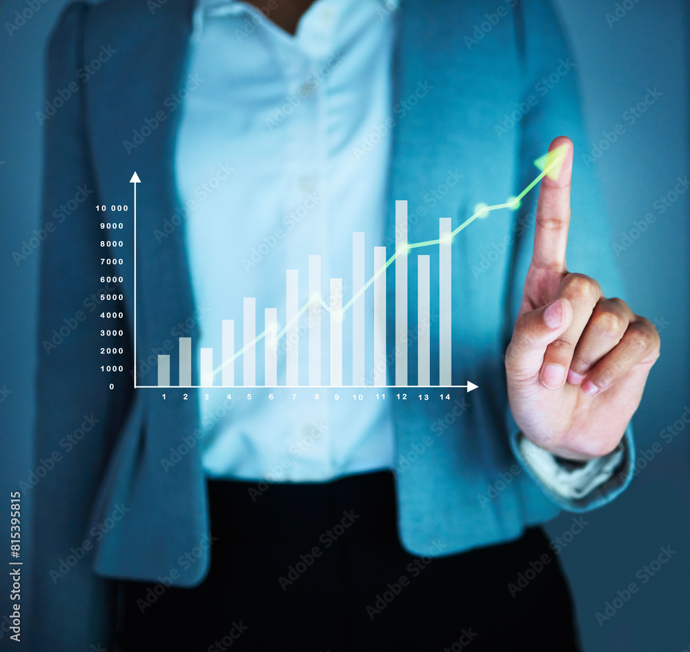 Poster hand, stats and hologram with arrow, charts and investment growth with click on dashboard in night. 