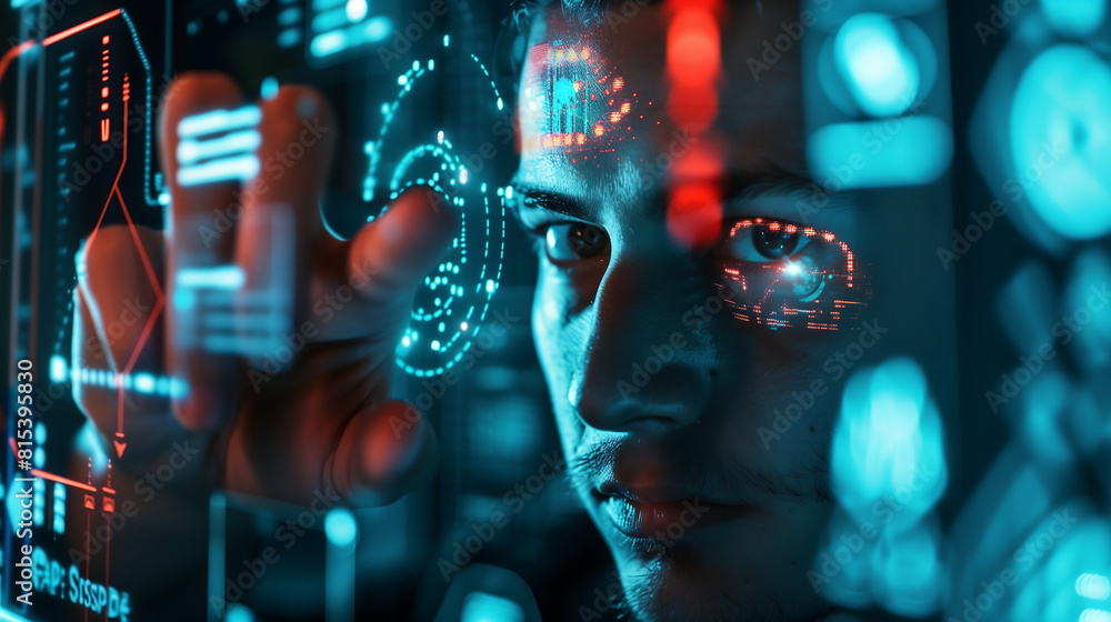 Poster man touching the screen with his finger, surrounded by futuristic digital graphics and data points i