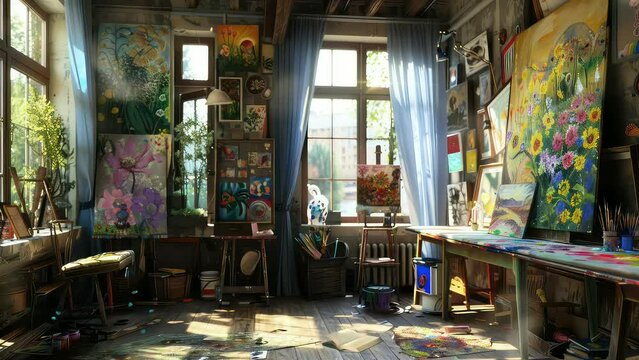 room with painted canvas. animation seamless 4k video looping background. generated with ai