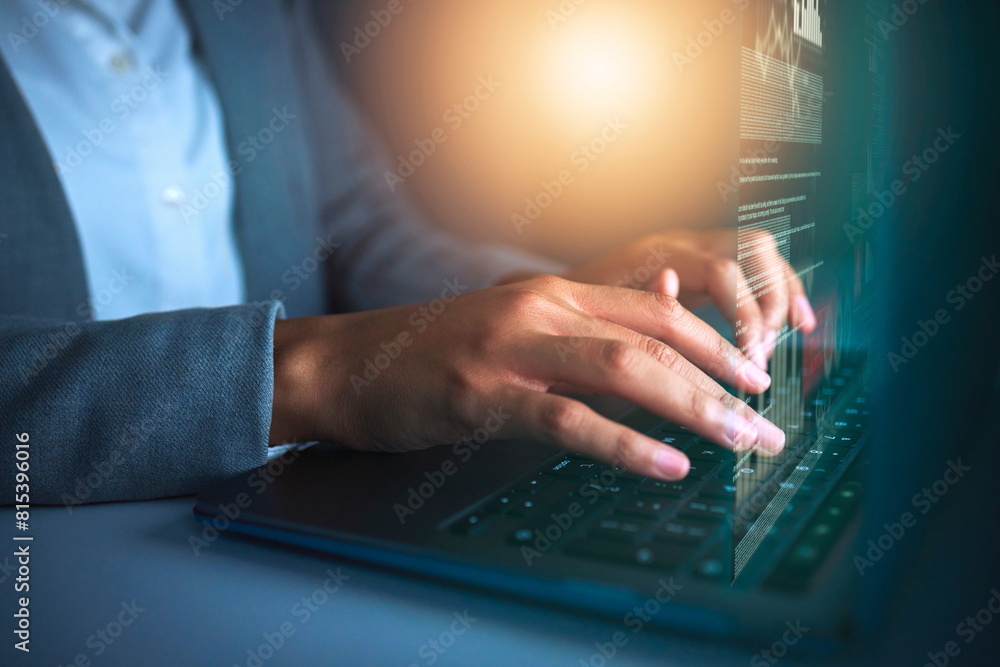 Poster Hands, coding and laptop at night for online, research and web development in workplace. Digital software, technology and overlay with person in office for business for cybersecurity company