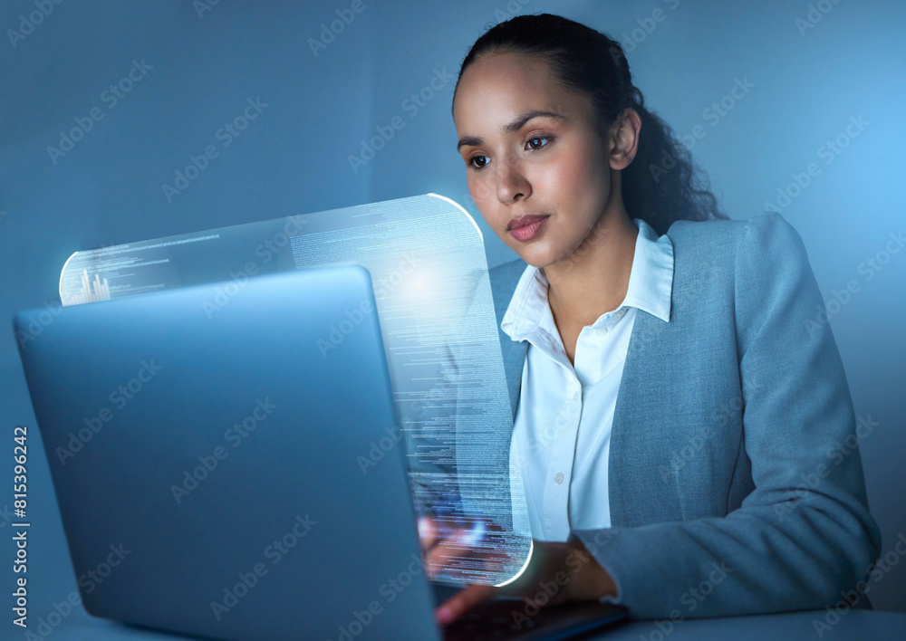 Leinwandbilder Woman, laptop and hologram with coding in office, night and thinking with programming, ux and website. Person, developer and information technology with future, typing and digital transformation