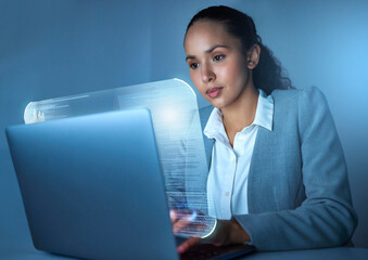 Woman, laptop and hologram with coding in office, night and thinking with programming, ux and website. Person, developer and information technology with future, typing and digital transformation
