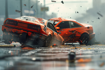 Two orange sports cars collided at an intersection